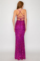 Maxine Sequin Lace Up Back Gown - Magenta