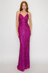 Maxine Sequin Lace Up Back Gown - Magenta