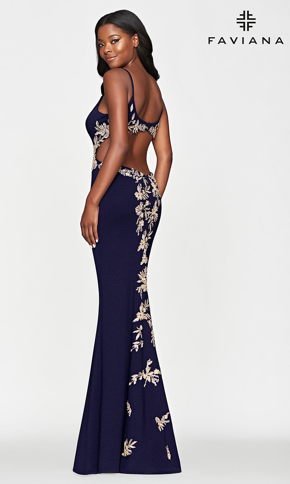 Faviana Gold-Beaded Navy Blue Long Prom Dress