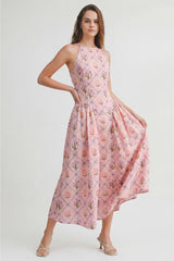 Fiona Floral Jaquard Halter Midi Dress - Pink