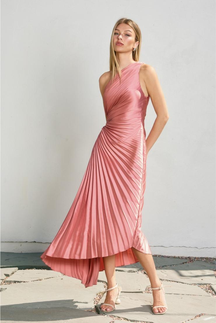 Shelly Asymmetrical Pleated Maxi Dress - Pink