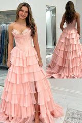 Strapless Orange Tiered Chiffon Long Dress with Slit