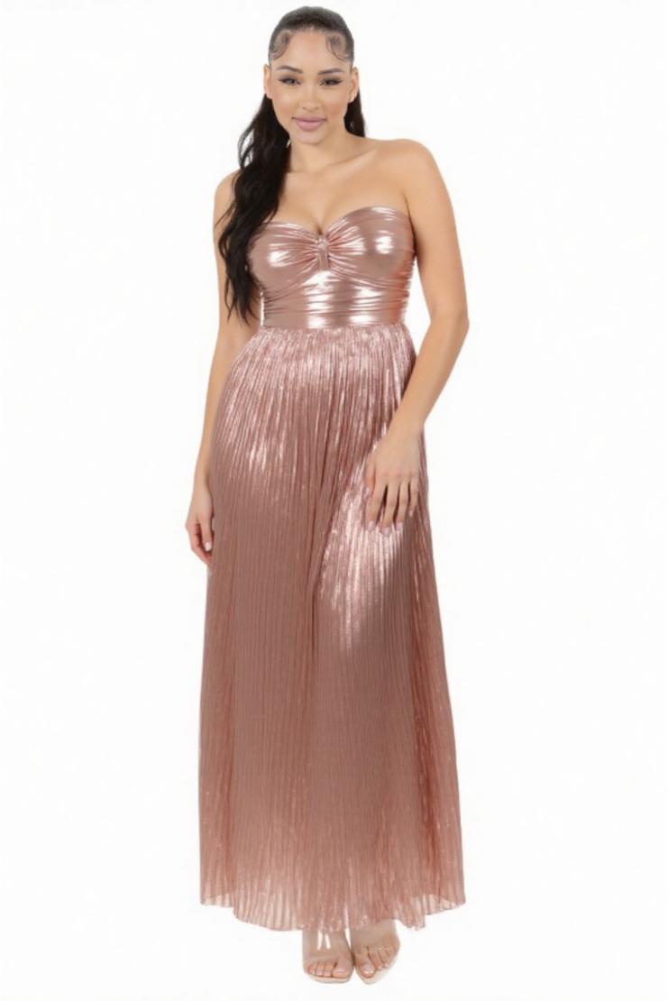 Shiloh Rose Gold Shimmer Pleated Maxi Dress