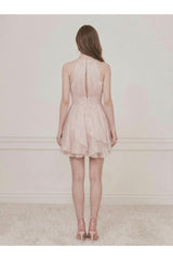 PRE-ORDER Only! (ETA May 15th)  Selena Shimmer Halter Neck Ruffle Mini Dress - Pink