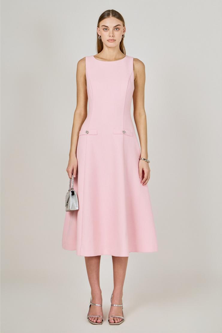 Princess High Neck Tweed Midi Dress - Pink