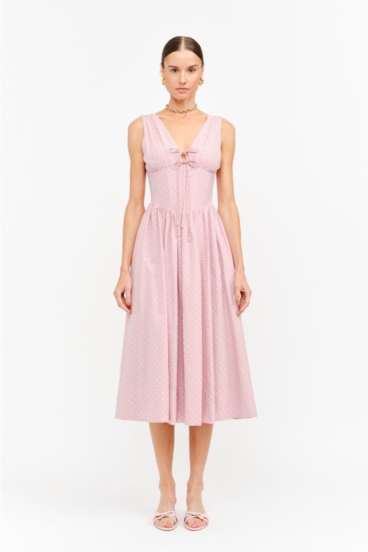 Darlene Polka Dot Linen Midi Dress - Pink