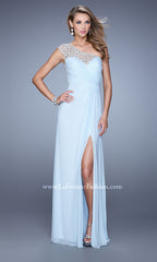 One-Shoulder Long La Femme Lace-Back Prom Dress