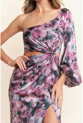 Amara One Shoulder Abstract Floral Satin Maxi Dress