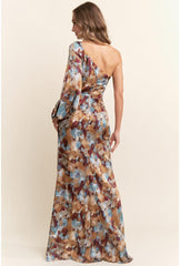 Amara One Shoulder Abstract Floral Satin Maxi Dress