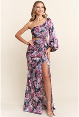 Amara One Shoulder Abstract Floral Satin Maxi Dress
