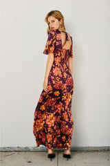 Talia Fall Florals Satin Bell Sleeved Maxi Dress