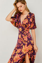 Talia Fall Florals Satin Bell Sleeved Maxi Dress