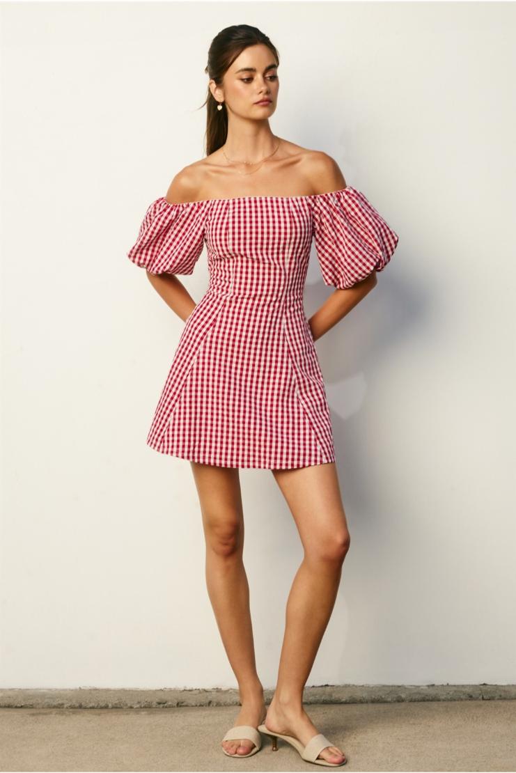 Margot Retro Gingham Off The Shoulder Mini Dress - Red