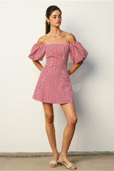 Margot Retro Gingham Off The Shoulder Mini Dress - Red