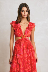 PRE-ORDER Only! (ETA May 30th) Francesca Frilly Ruffles Cut-Out Maxi Dress - Red