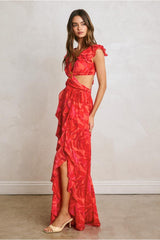 PRE-ORDER Only! (ETA May 30th) Francesca Frilly Ruffles Cut-Out Maxi Dress - Red