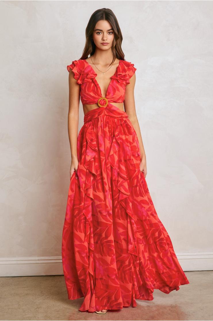 PRE-ORDER Only! (ETA May 30th) Francesca Frilly Ruffles Cut-Out Maxi Dress - Red