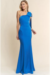 Roxy One Shoulder Sash Bow Satin Maxi Dress - Royal Blue