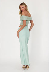 Amaya Mesh One Sleeve Satin Skirt Maxi Dress - Sage Green
