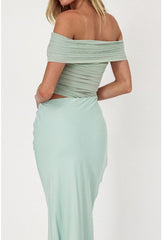 Amaya Mesh One Sleeve Satin Skirt Maxi Dress - Sage Green