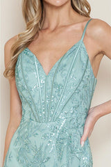 Farrah Floral Sequin Bustier Bodice Formal Gown - Dusty Sage