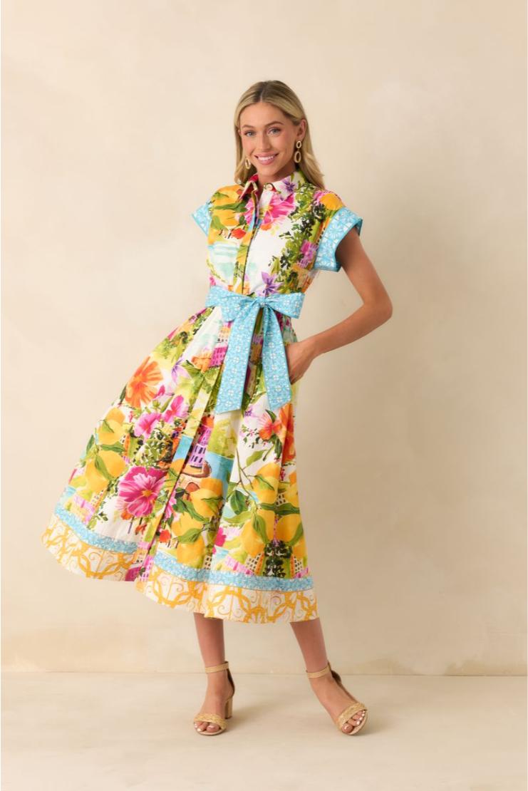 Sorrento Gardens Duo Printed Belted Midi Dress