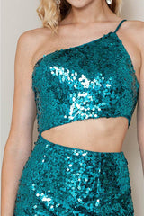 Lexi Sequin One Shoulder Maxi Gown - Teal