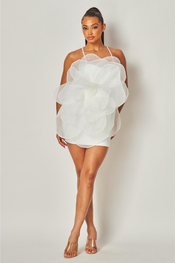 Madeline 3D Organza Flower Mini Dress - White