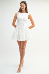 Henley Eyelet Florals Button Up Mini Dress - White