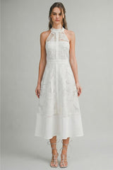 Celine Halter Neck Lace Midi Dress - White